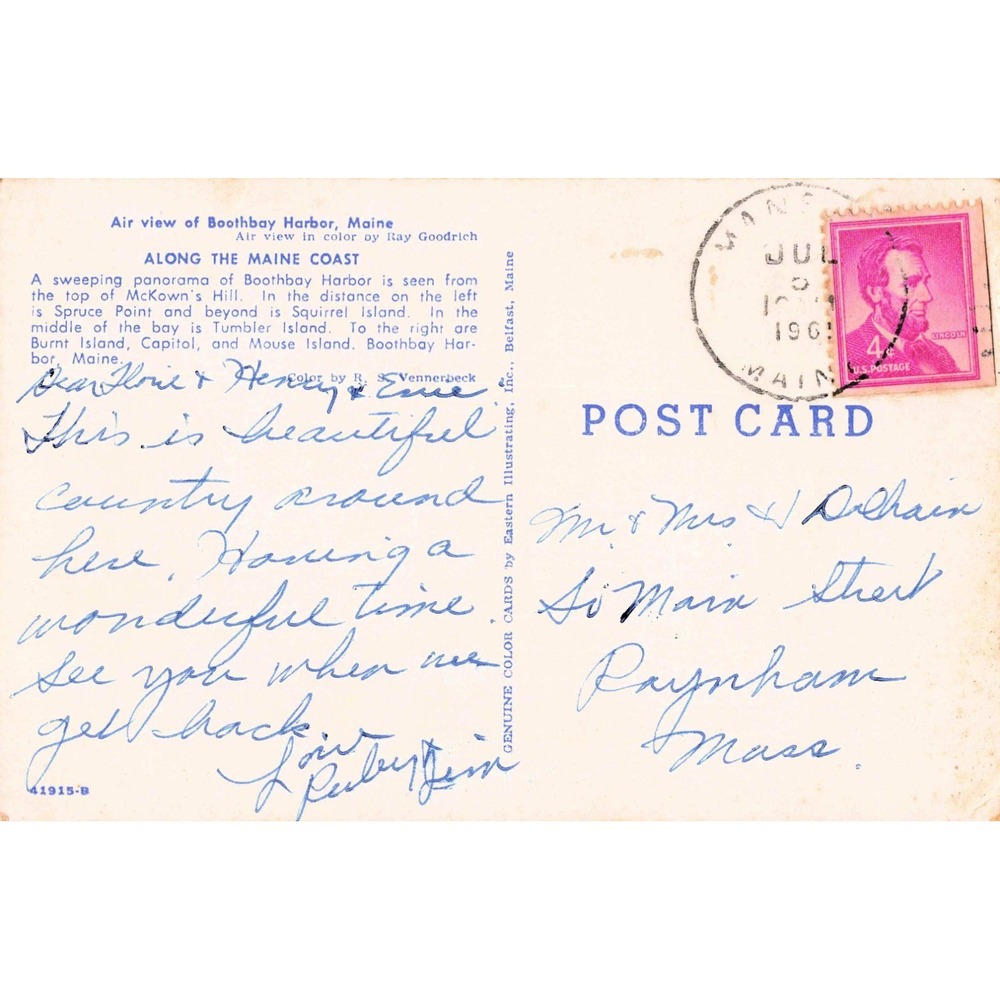Vintage 1961 Boothbay Harbor Maine Postcard Aerial View Maine Coast 4c Stamp VG - Picture 2 of 2